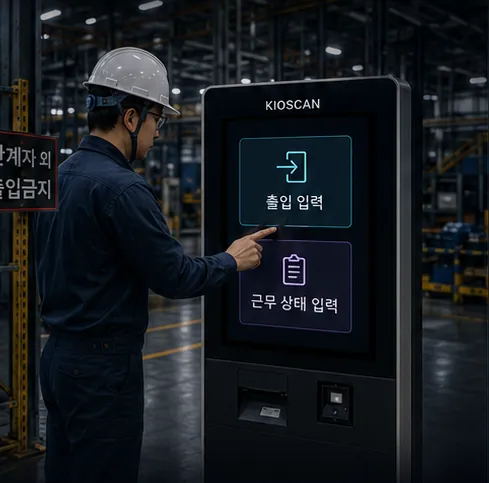 안전모를 쓴 작업자가 현장에 설치된 KIOSCAN 키오스크의 출입 입력 화면을 누르는 콘셉트 이미지