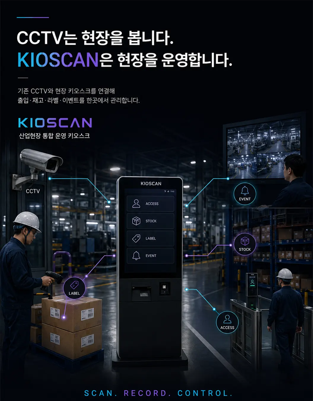 KIOSCAN 브로셔 표지 구성안 — 산업 현장 통로의 키오스크와 출입·재고·라벨·이벤트 연결 다이어그램