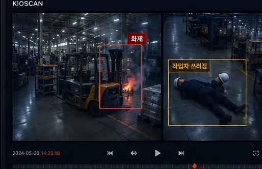 두 개의 현장 CCTV 영상에 확인 대상 구역이 표시된 관제 화면 콘셉트 이미지